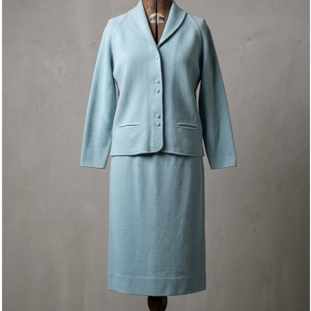 Vintage Made in Italy‎ 100% Wool Knit Skirt Set Blue Cardigan Shawl Collar S/M
